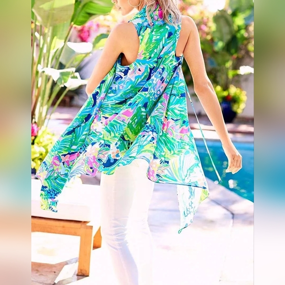 Lilly Pulitzer Women's HANA Convertible 100% Silk Vest in Multi Purrfect, XS